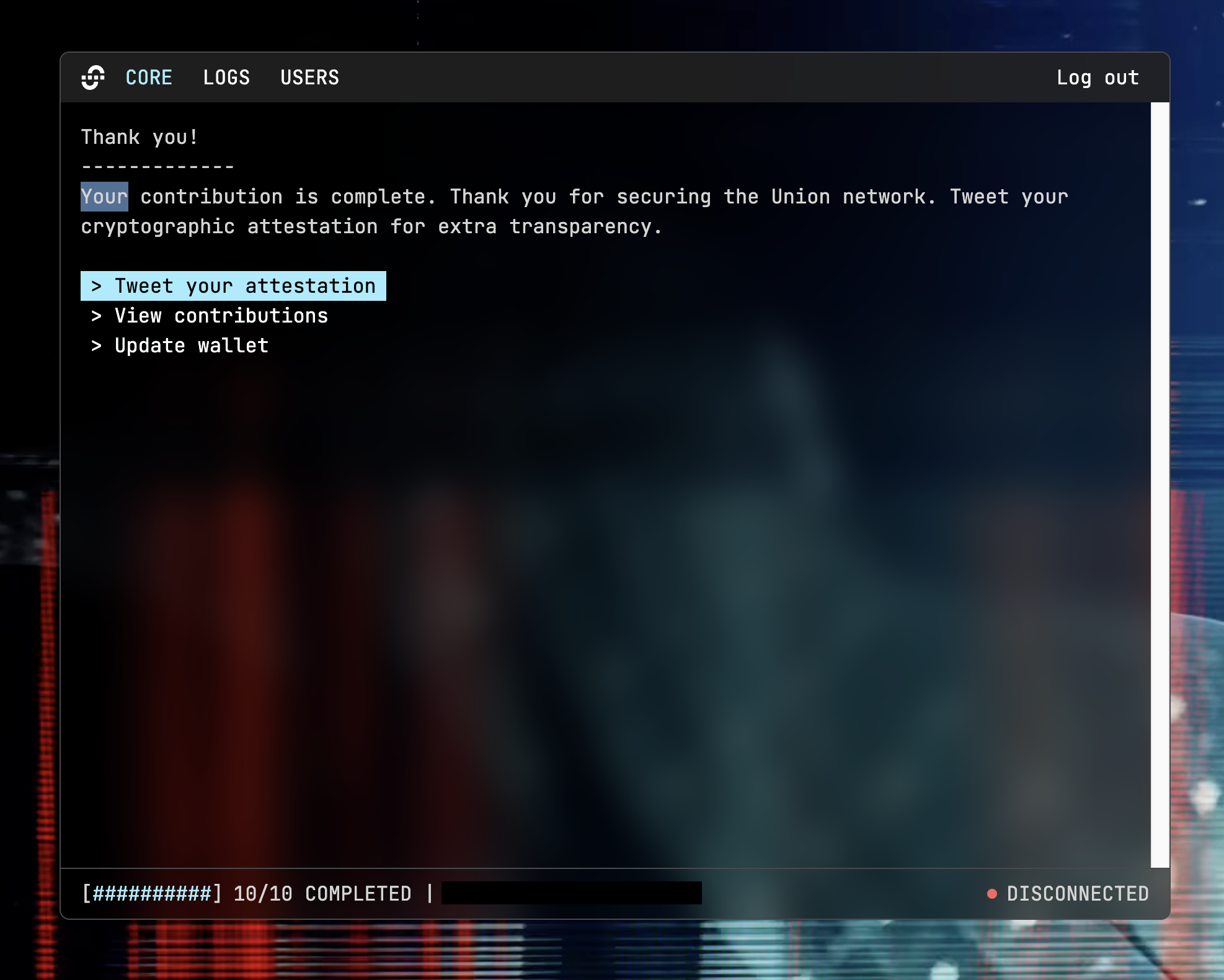 A screenshot of the successful Union Trusted Setup Ceremony contribution screen.