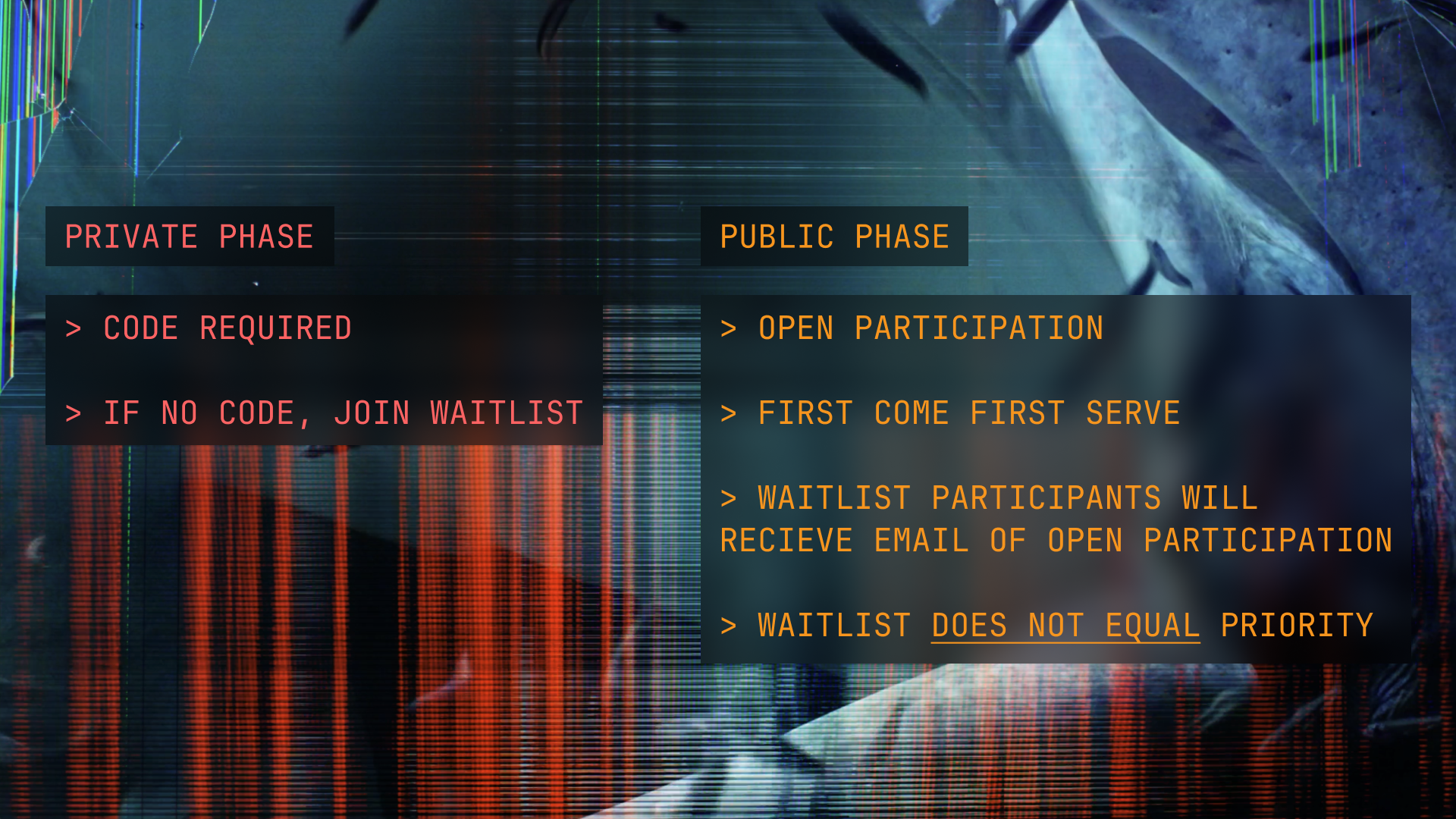 A graphical list of the differences between the public and private phase. Private phase requires a code, otherwise users can join the waitlist. Public phase is first come first serve, and people on the waitlist will receive an email ahead of time.