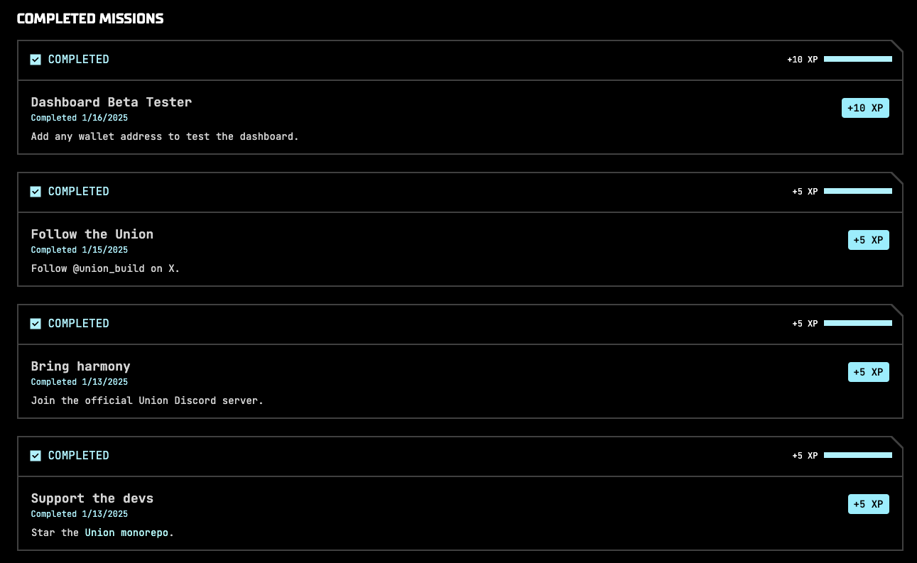 Screenshot of completed missions on the Union dashboard.